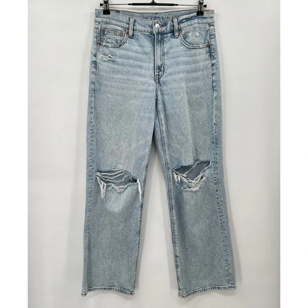 American Eagle 6 Straight‎ Jeans Womens Light Wash Distressed Ripped High Rise